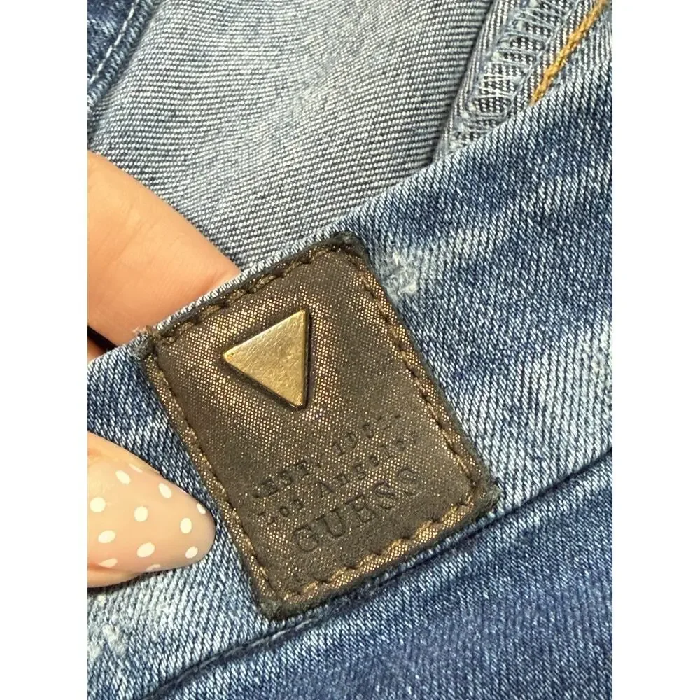 Guess Womens Jean Skirt Pencil Distressed Stretch Blue Denim High Low Raw Hem 14